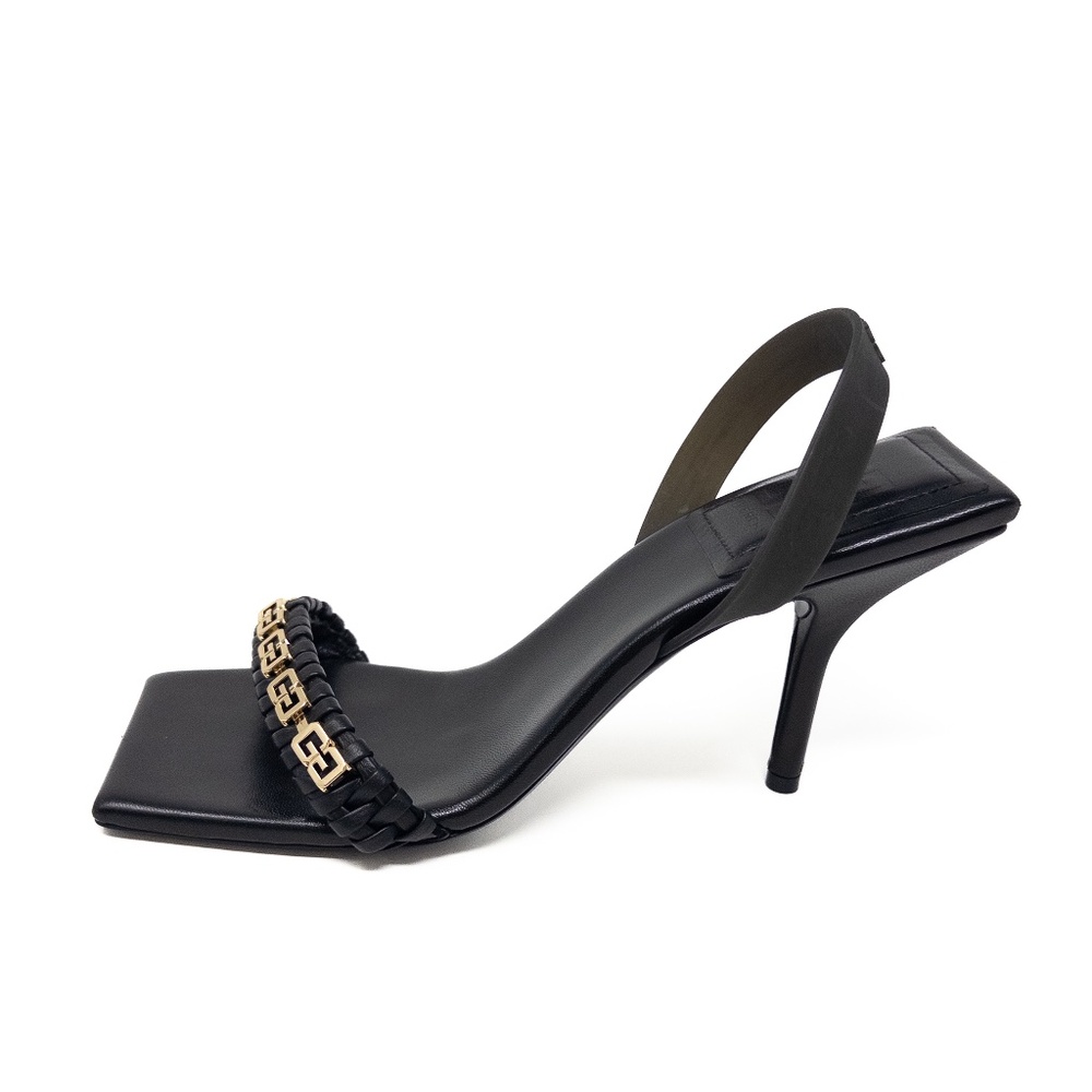 Givenchy Double G Logo Chain Link Black Gold Link Sandals Heels Pumps Size 36 EU